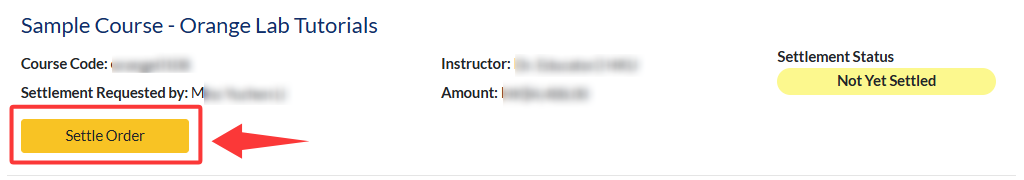 Highlighted 'Settle Order' button on a sample Coursepack with a 'Not Yet Settled' status.